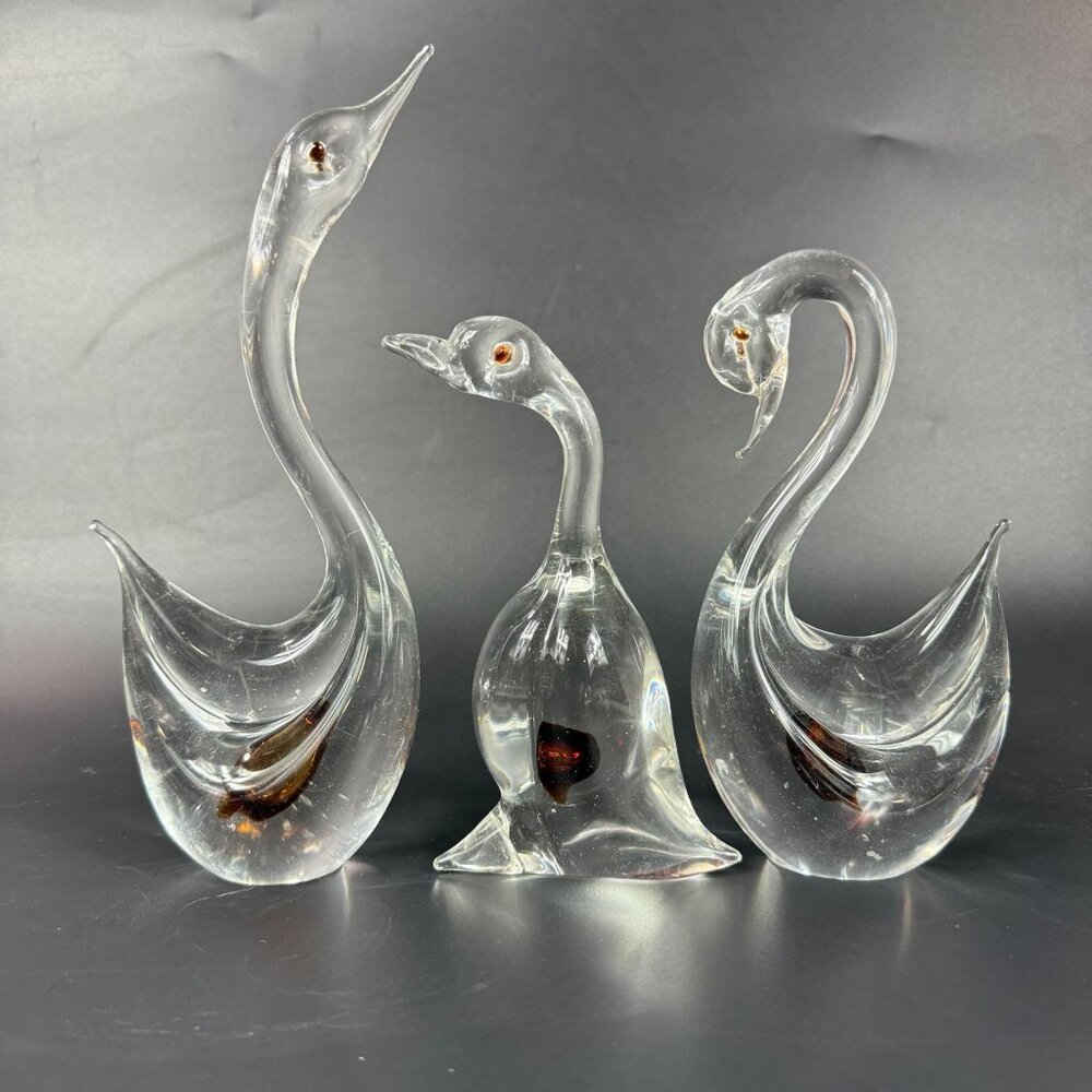 Cenedese Murano Glass Clear  Sommerso Amber Spots Ducks Birds Swans Set of 3